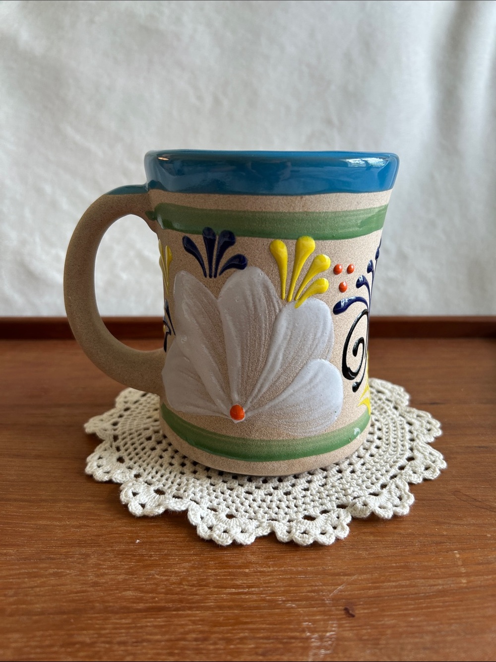 Textured Floral Baked Clay Coffee Mug Hand-Painted